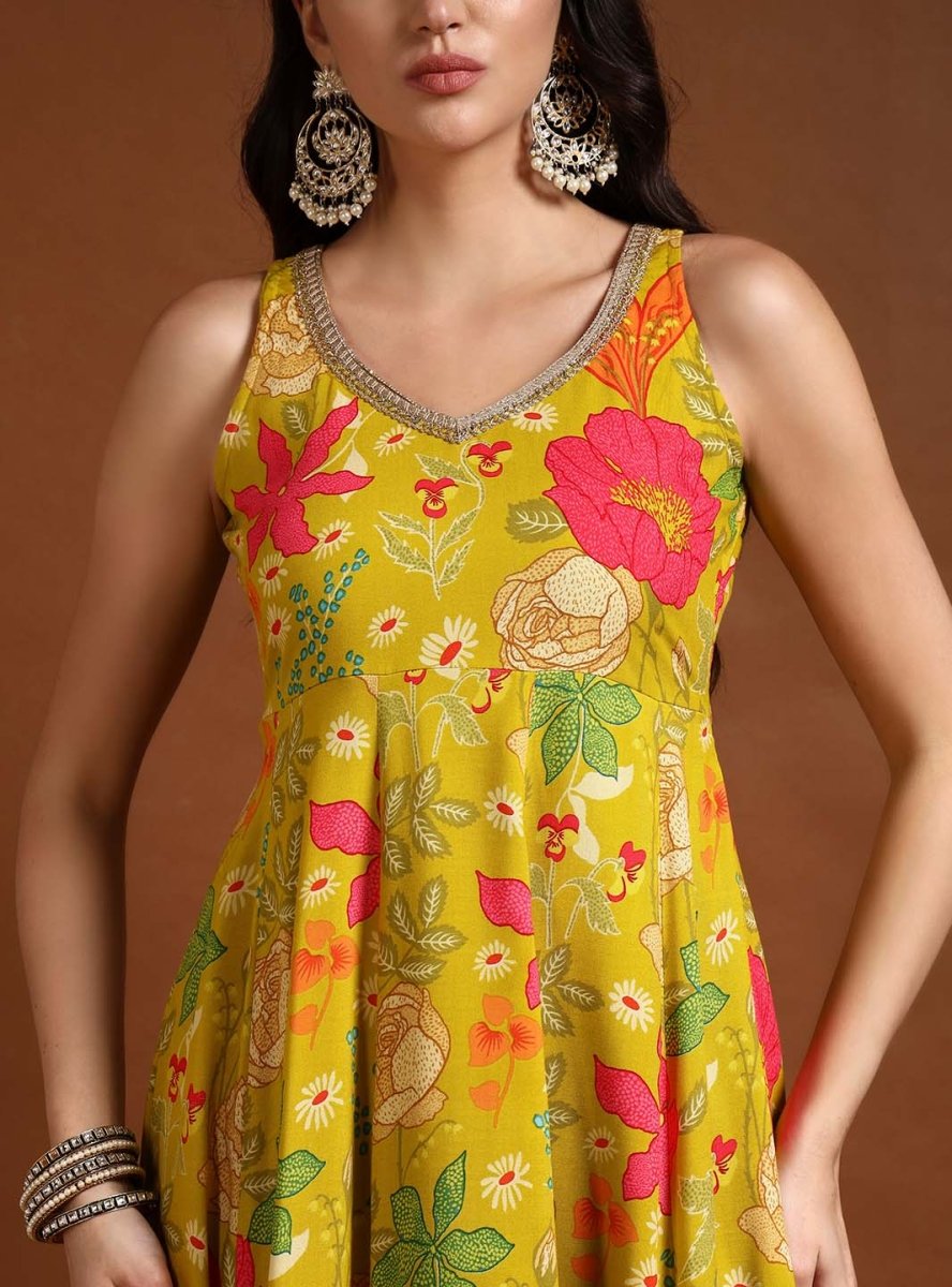 Lime green floral printed anarkali set with dupatta - Mahukaa