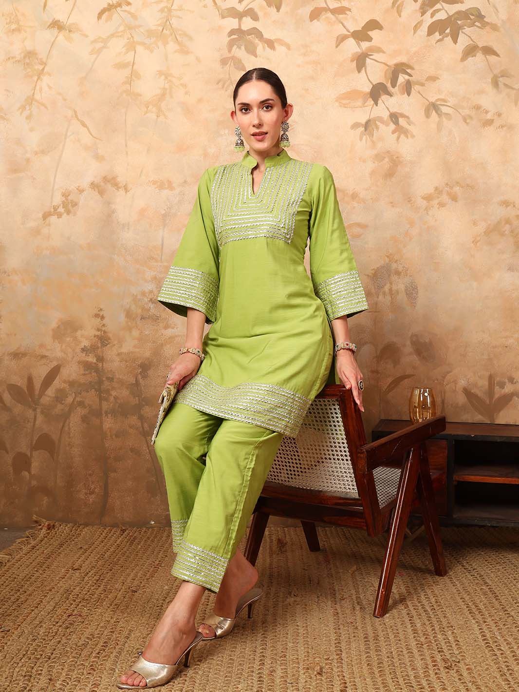 Lime Green Pure Cotton Kurta Set with Mandarin Collar and Gota Work - Mahukaa