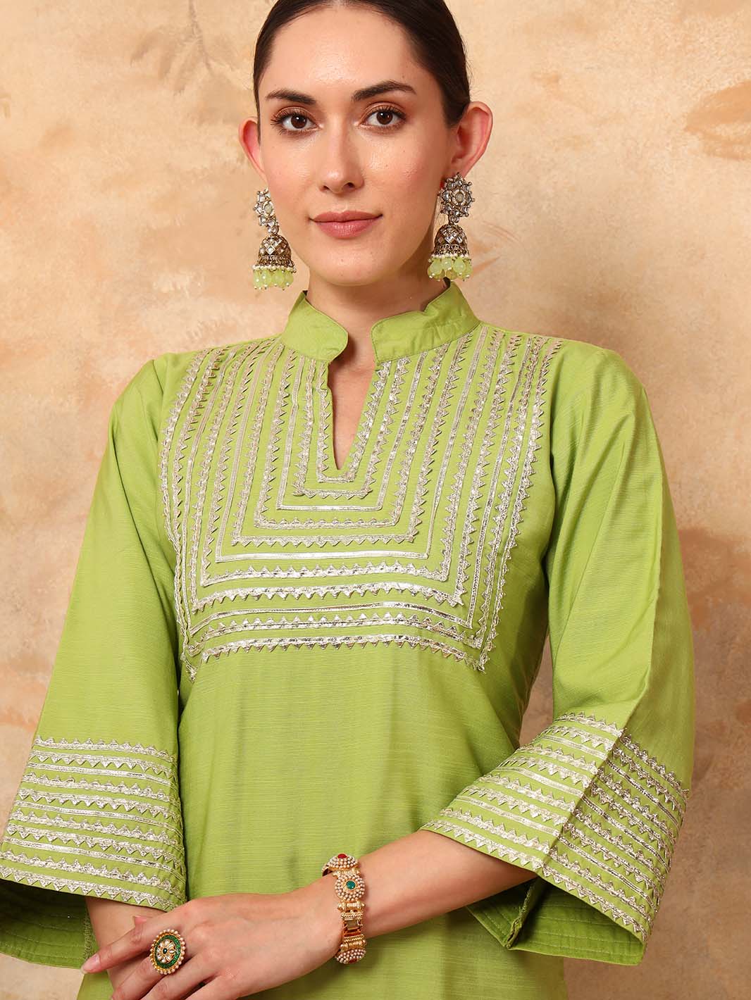 Detailed view of Lime green pure cotton kurta pant set with mandarin collar and gota detailing