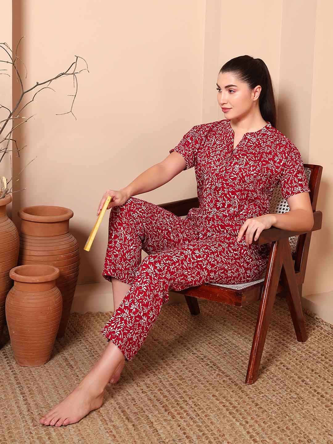 Maroon Floral Cotton Night Suit with Mandarin Collar - Mahukaa