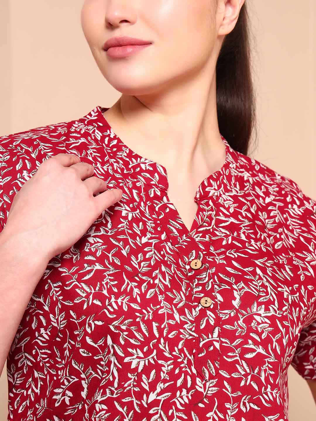 Maroon Floral Cotton Night Suit with Mandarin Collar - Mahukaa