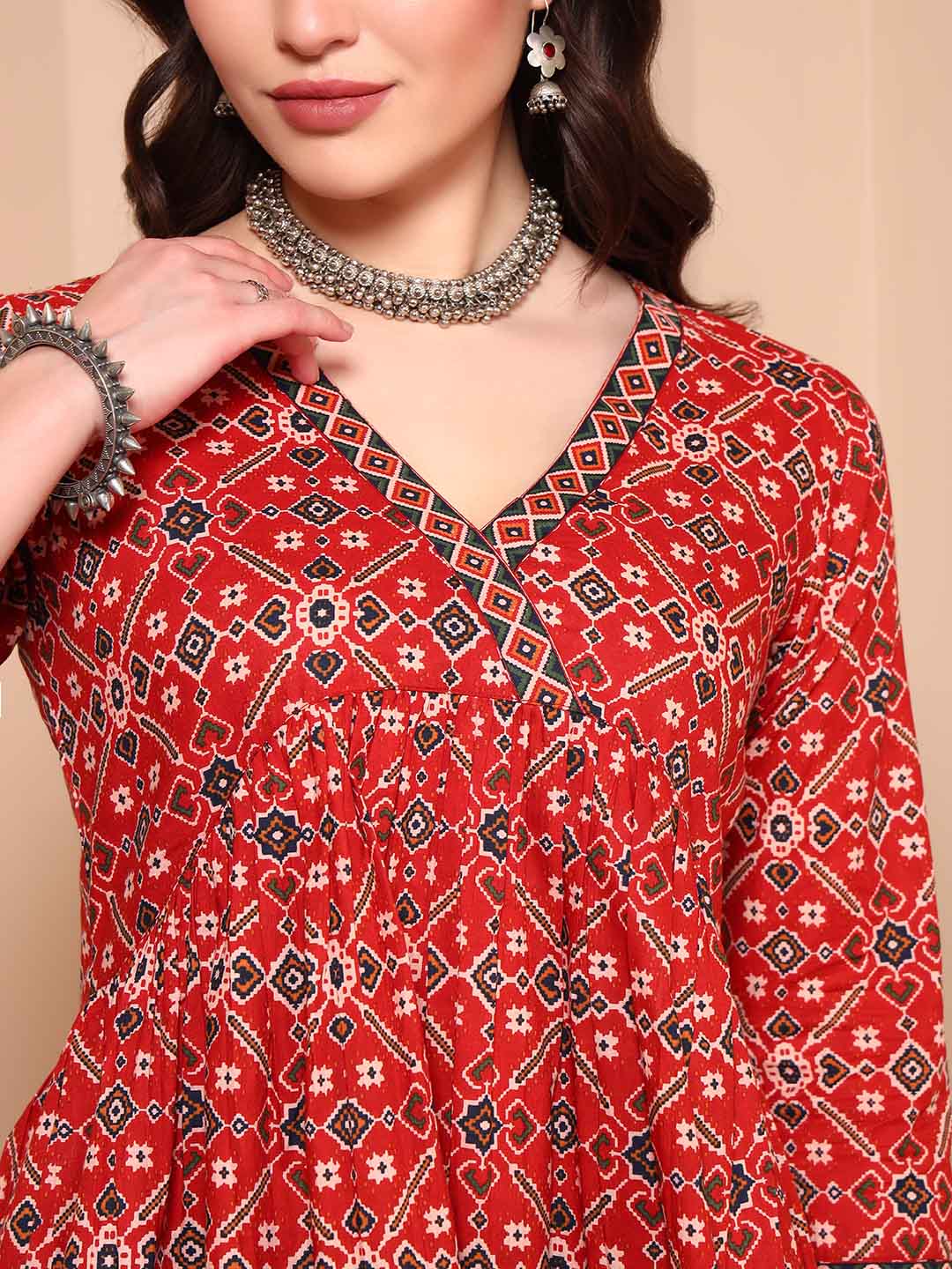 Maroon Pure Cotton Patola Print Angrakha Kurta - Mahukaa