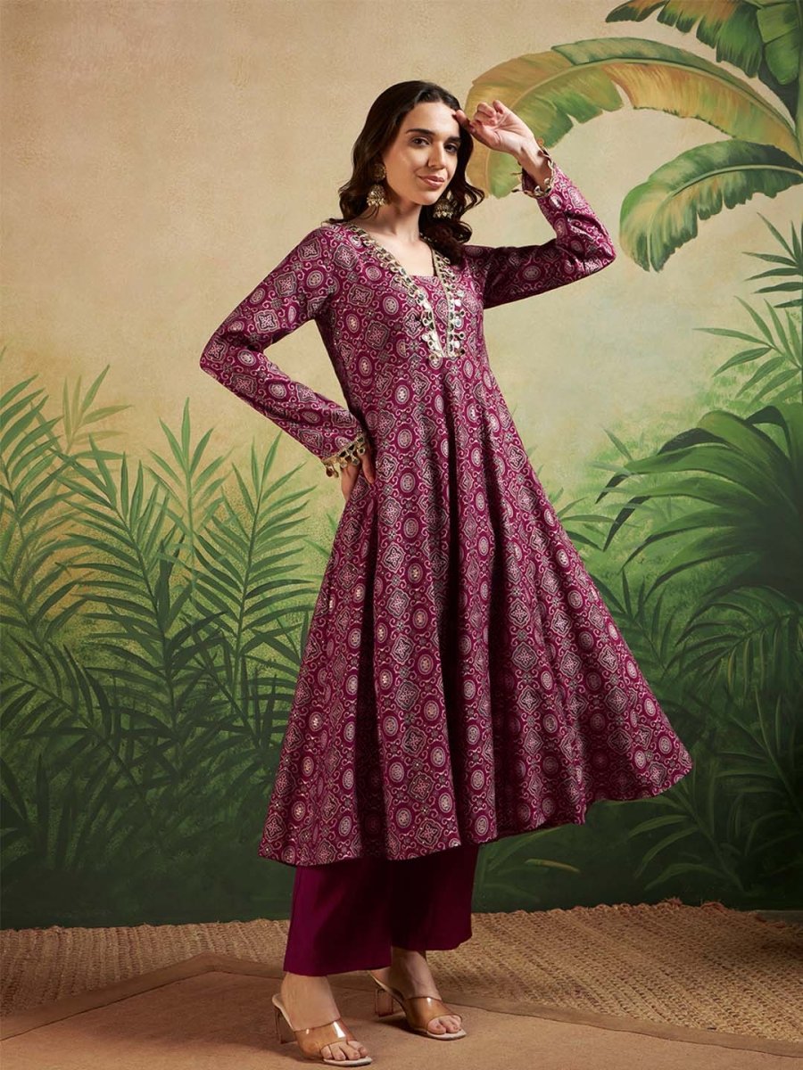 Maroon Square V - Neck Anarkali Set with Lace Embroidery & Dupatta - Mahukaa