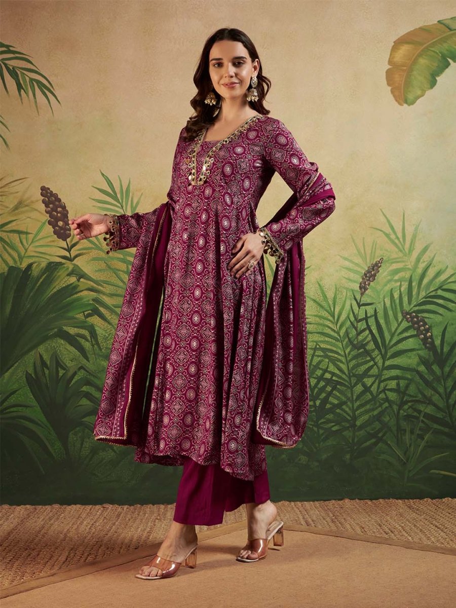 Maroon Square V - Neck Anarkali Set with Lace Embroidery & Dupatta - Mahukaa