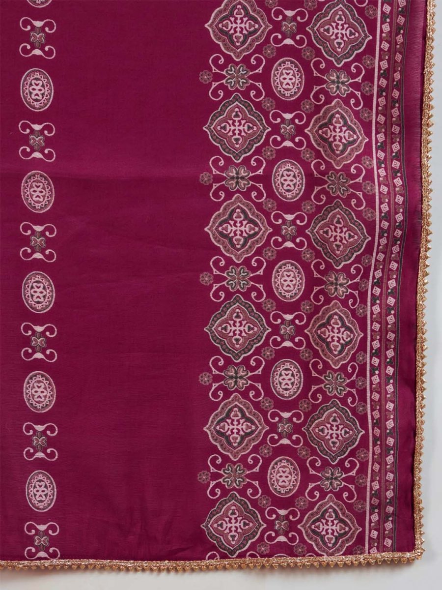 Maroon Square V - Neck Anarkali Set with Lace Embroidery & Dupatta - Mahukaa