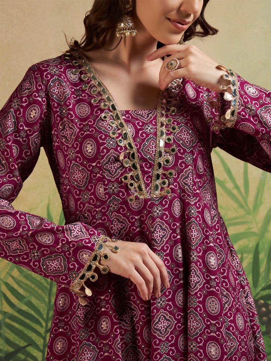 Maroon Square V - Neck Anarkali Set with Lace Embroidery & Dupatta - Mahukaa