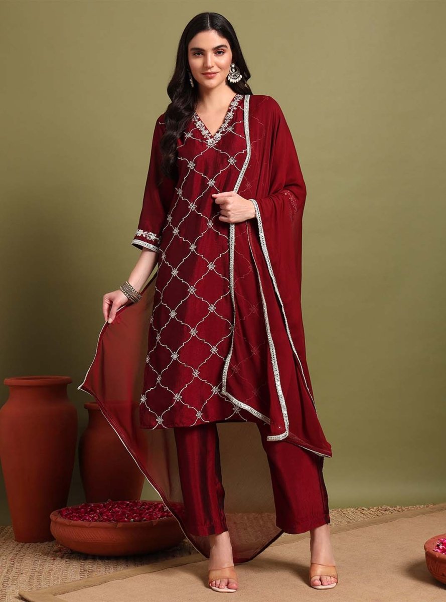 Maroon V - neckline Kurta Set With Embrodiry Detaling & Dupatta - Mahukaa