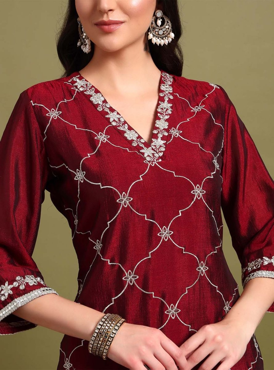 Maroon V - neckline Kurta Set With Embrodiry Detaling & Dupatta - Mahukaa