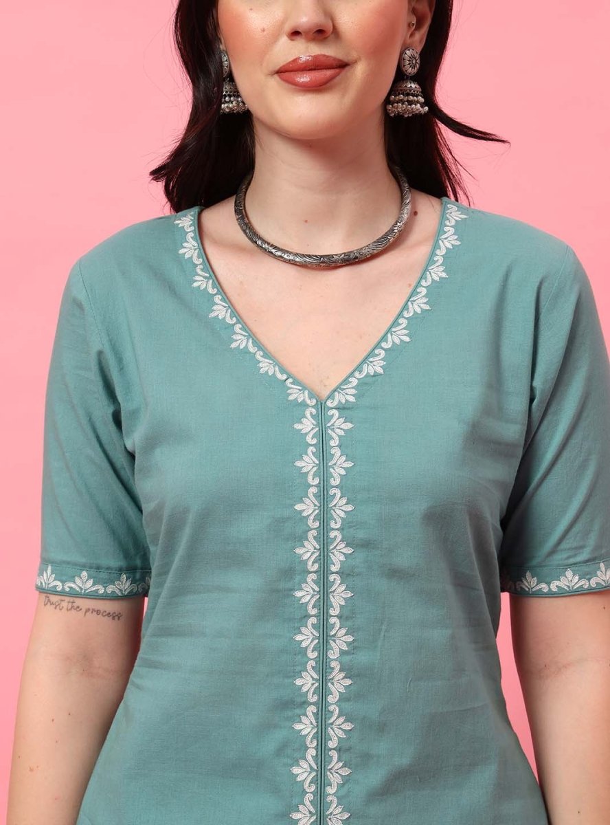 Mint Green Embroidered A - Line Co - ord Set with Round V - Neck Square Neckline - Mahukaa