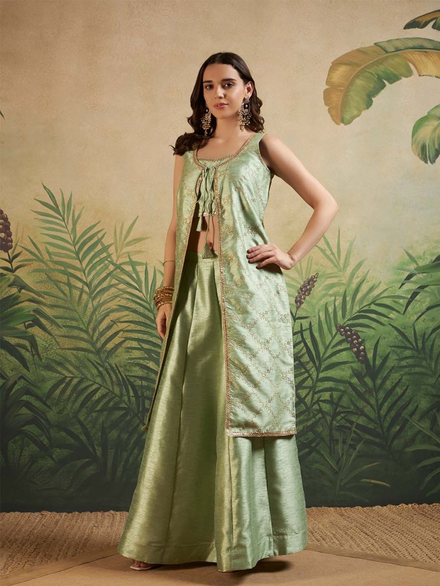 Mint Green Embroidered Fusion Set with Sleeveless Jacket & Strap Blouse - Mahukaa