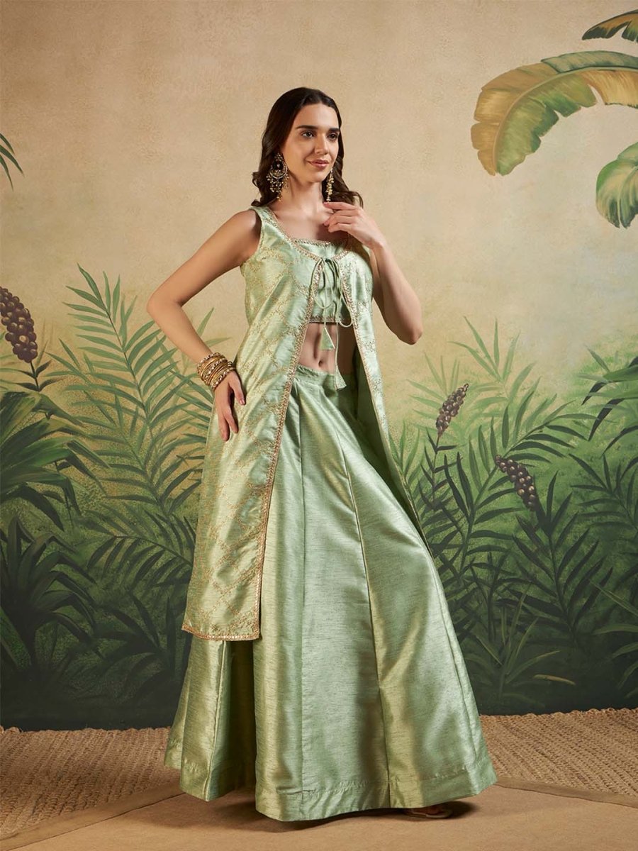Mint Green Embroidered Fusion Set with Sleeveless Jacket & Strap Blouse - Mahukaa