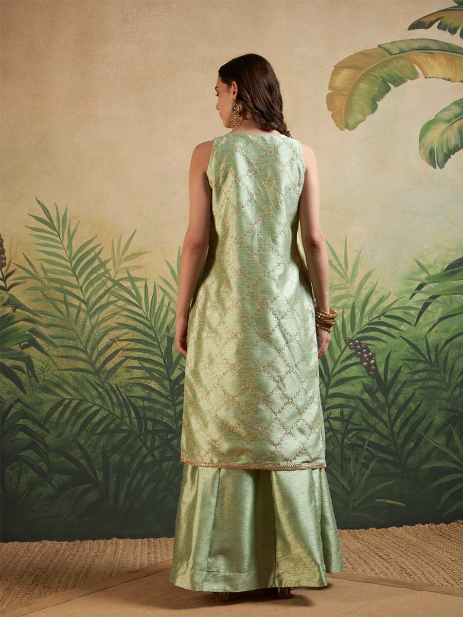 Mint Green Embroidered Fusion Set with Sleeveless Jacket & Strap Blouse - Mahukaa