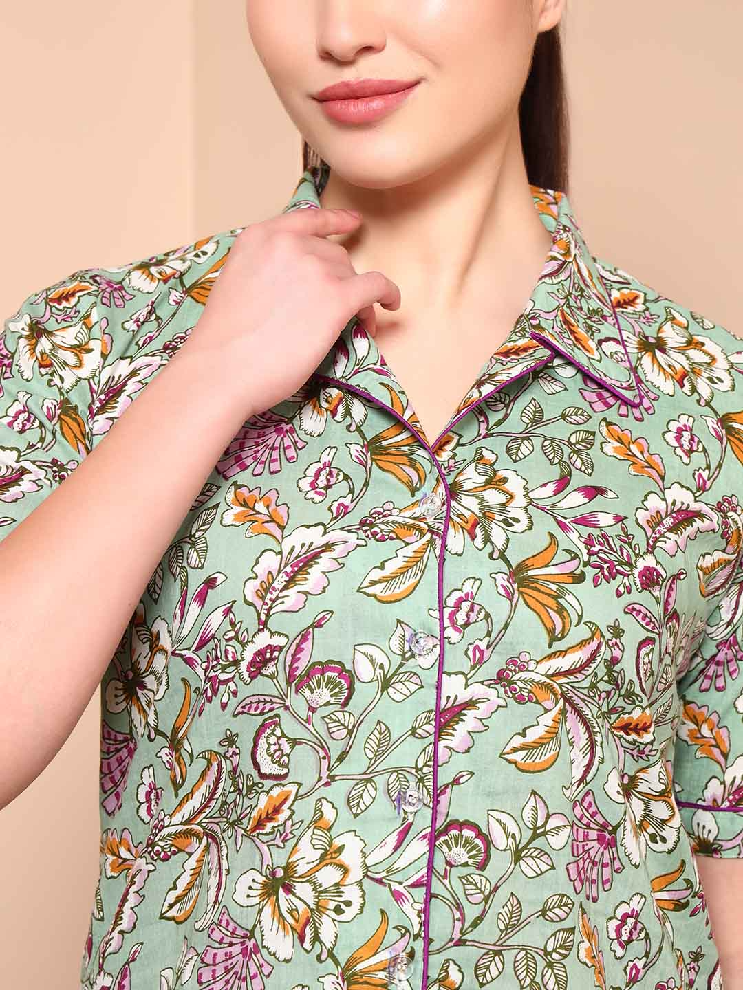 Mint Green Floral Cotton Night Suit with Notch Collar - Mahukaa