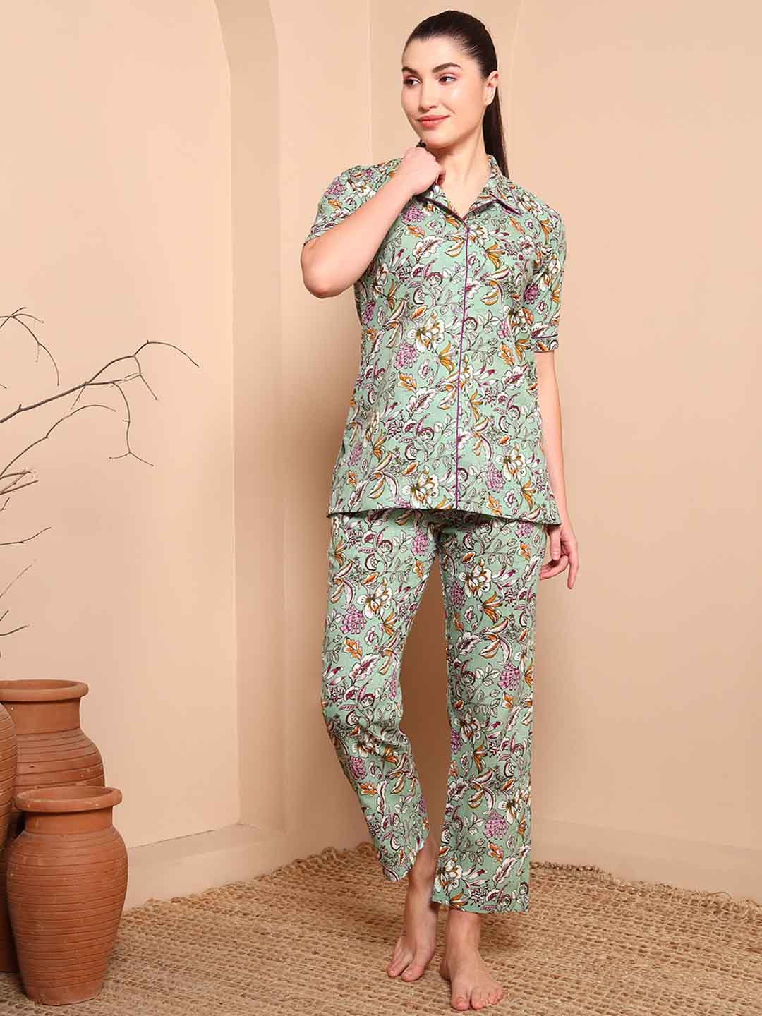 Mint Green Floral Cotton Night Suit with Notch Collar - Mahukaa