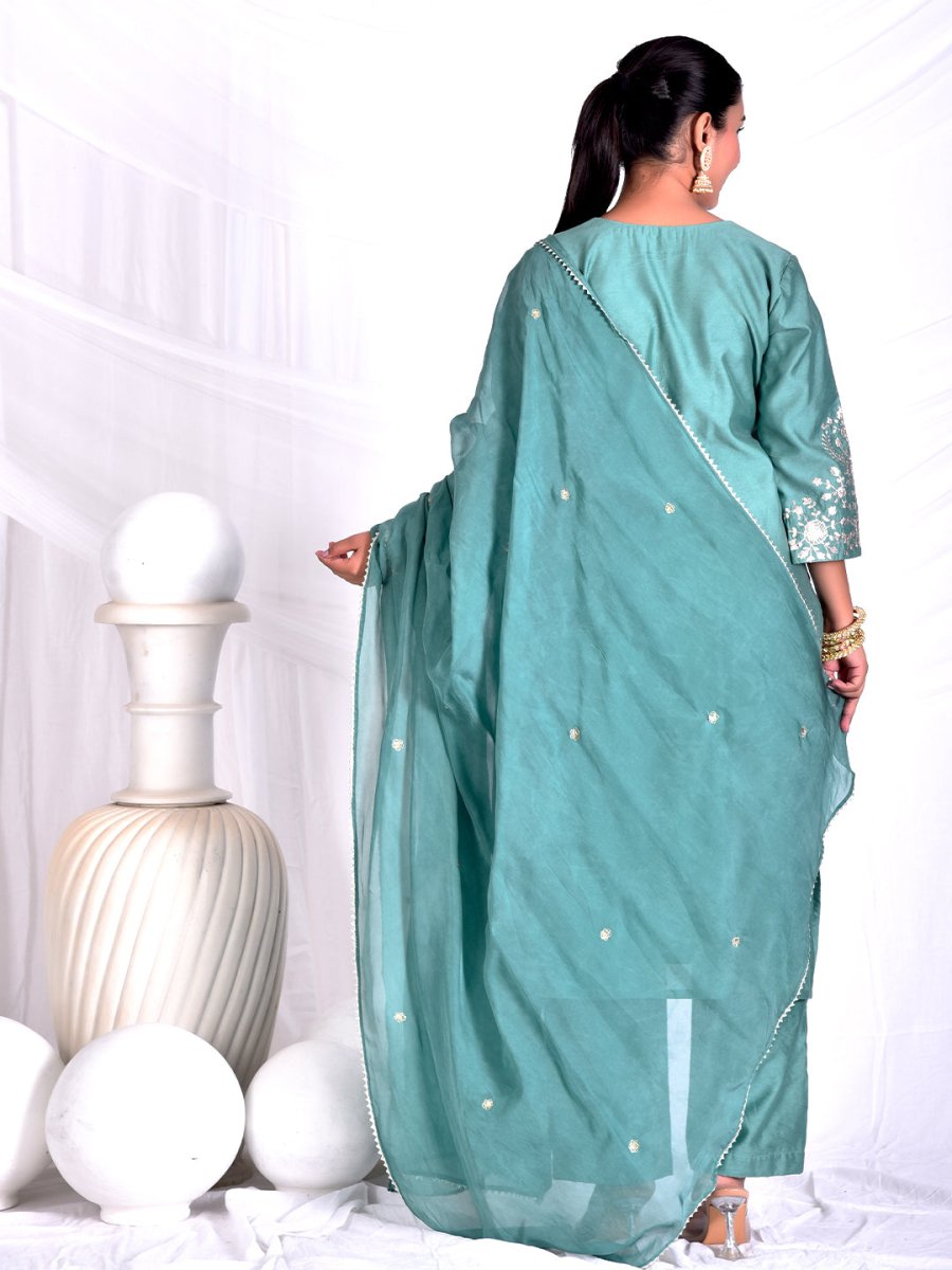 Mint Green Pani gold inticate embroidery kurta set with dupatta - Mahukaa