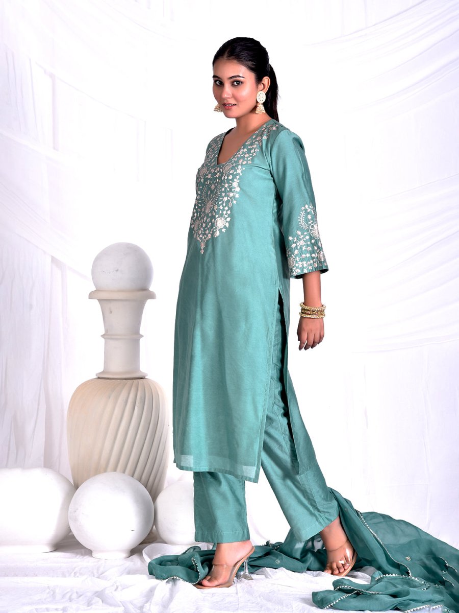 Mint Green Pani gold inticate embroidery kurta set with dupatta - Mahukaa