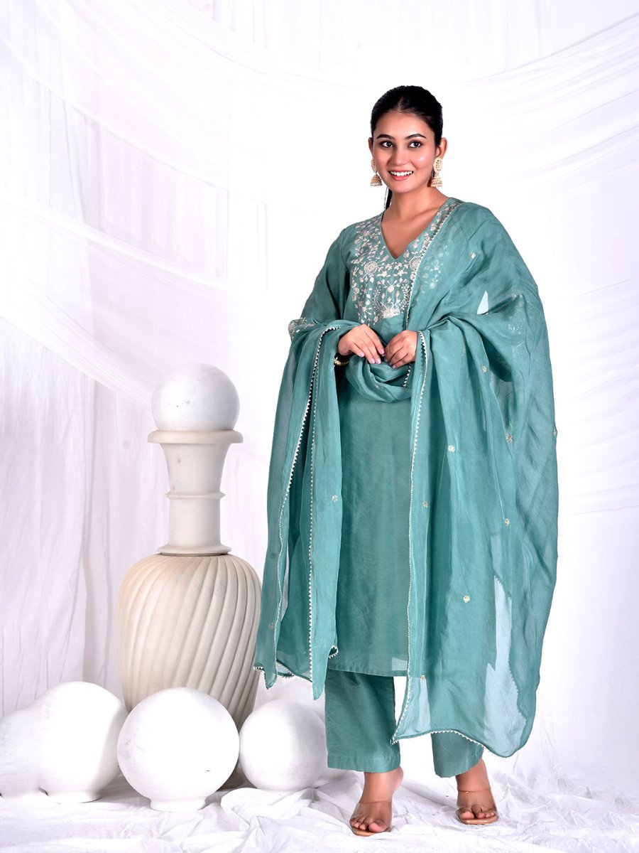 Mint Green Pani gold inticate embroidery kurta set with dupatta - Mahukaa