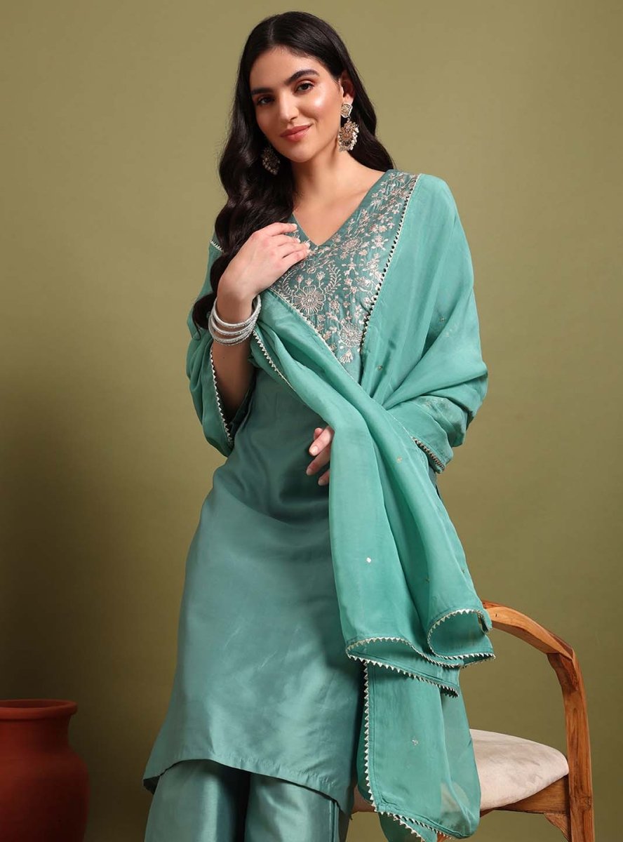 Mint Green Pani gold inticate embroidery kurta set with dupatta - Mahukaa
