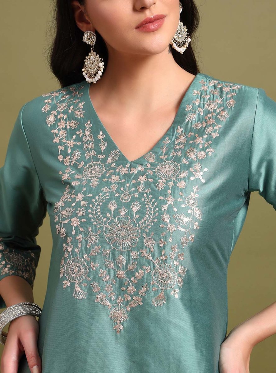 Mint Green Pani gold inticate embroidery kurta set with dupatta - Mahukaa