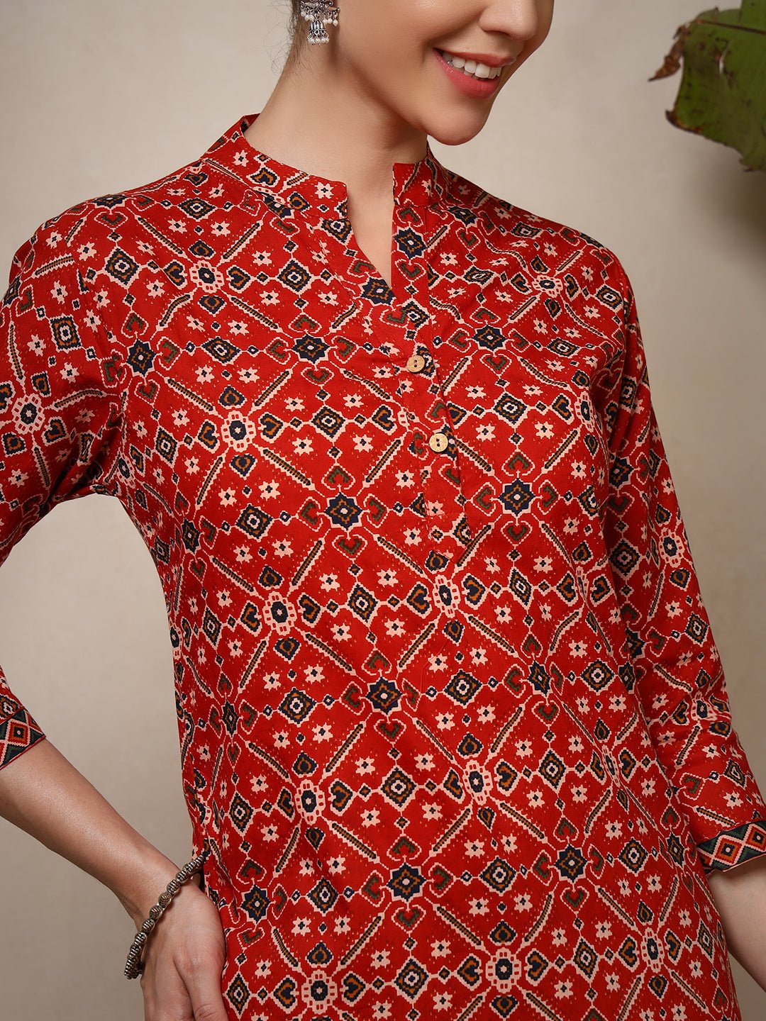 Detailed view of Ajrakh print cotton kurta with mandarin collar – Mahukaa ethnic wear for women