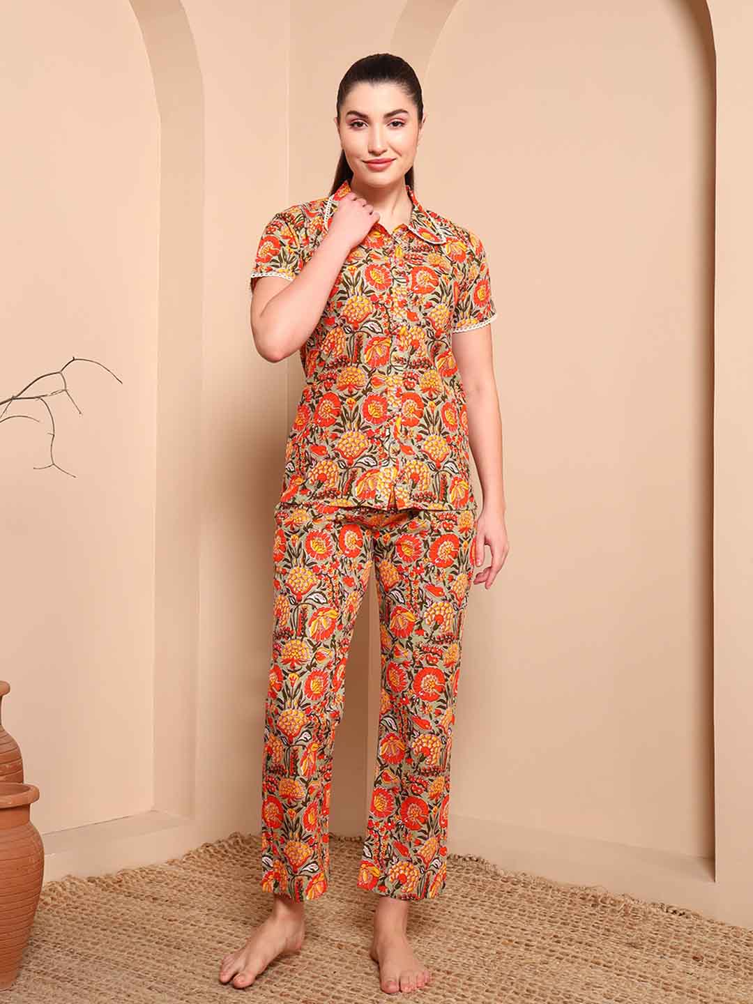 Multi - Color Floral Pure Cotton Co - ord Set with Round Collar - Mahukaa