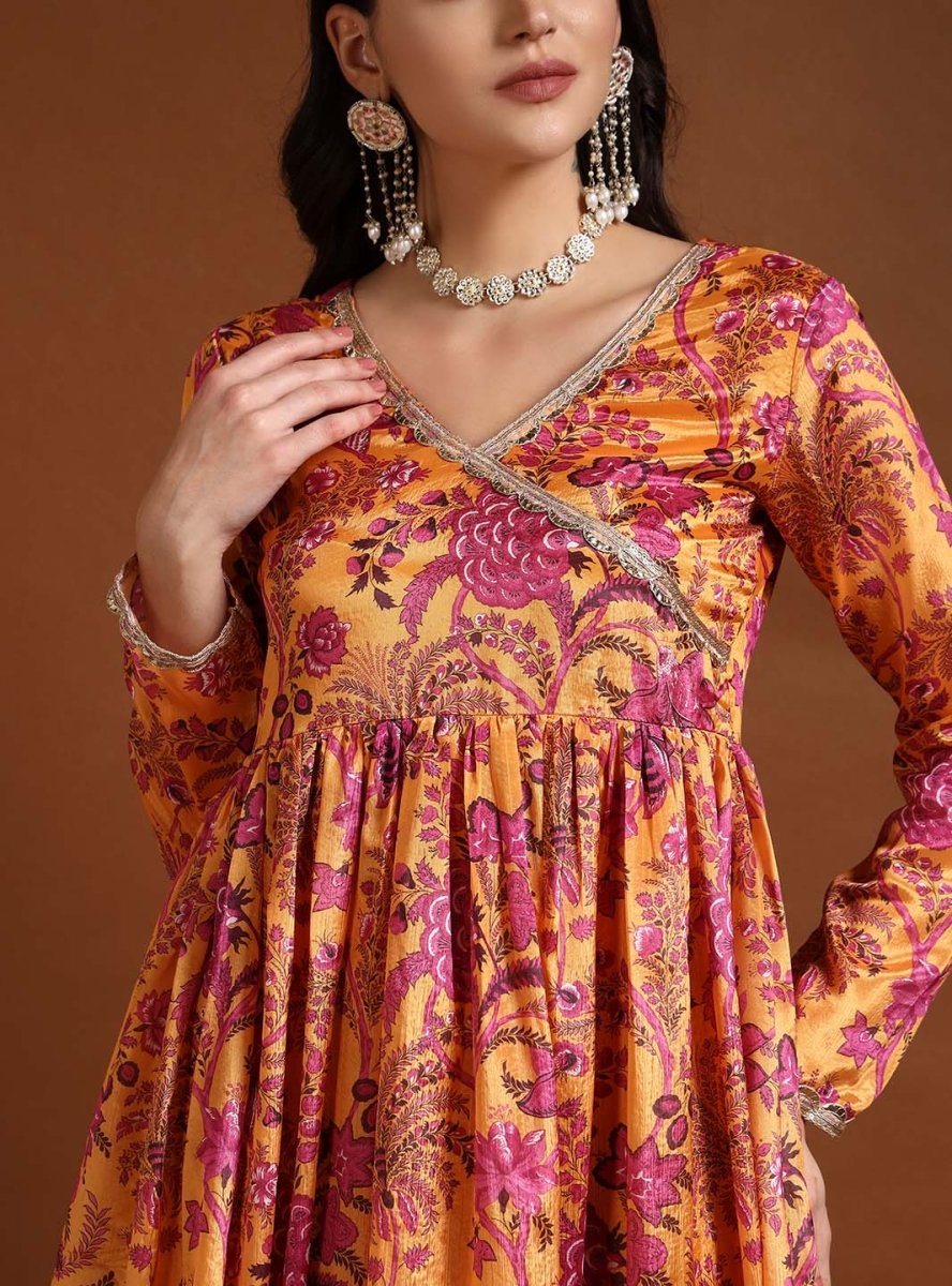 Mustard angrakha floral anarkali set with dupatta - Mahukaa