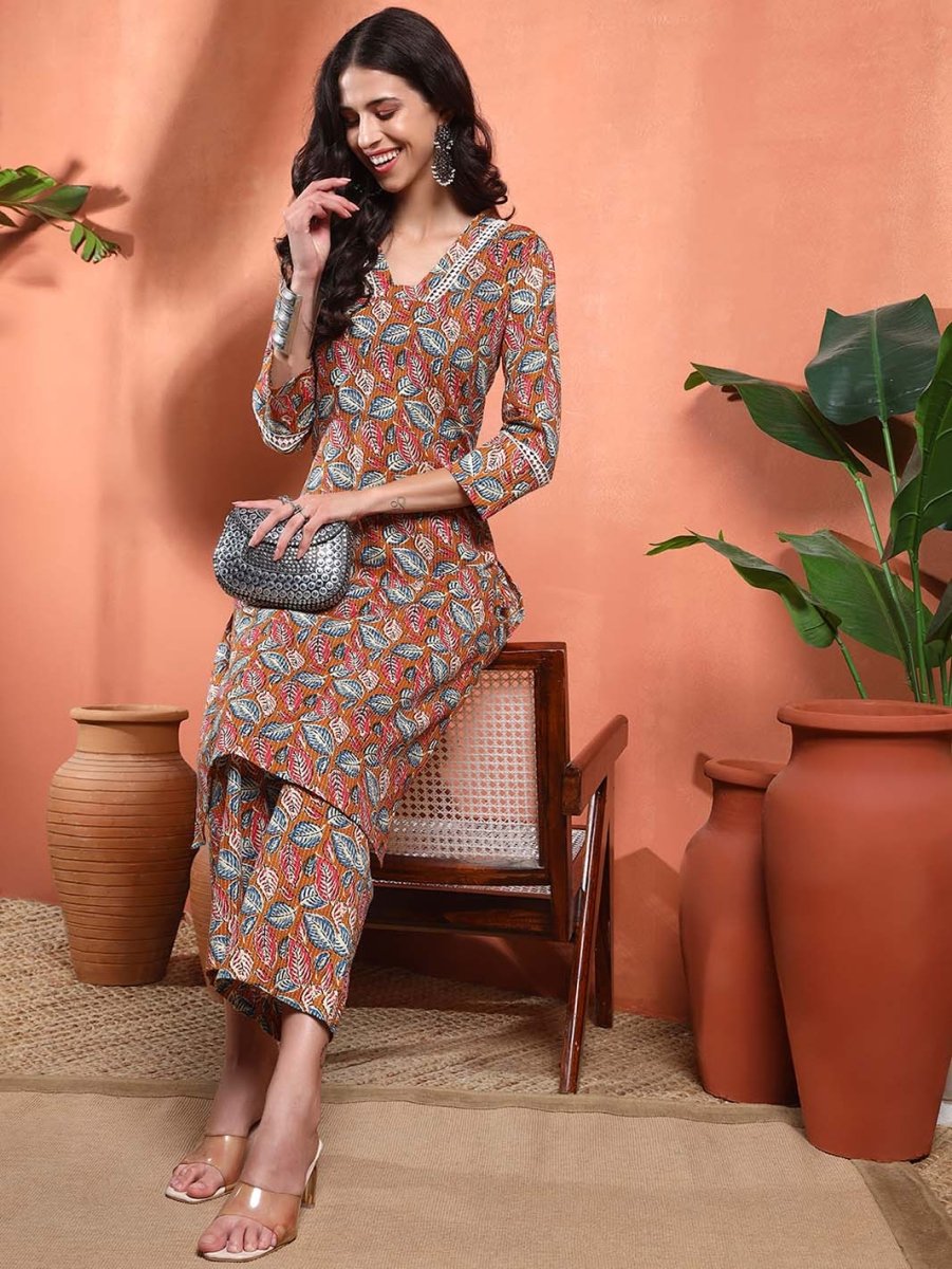Mustard Floral V - Neck Straight Kurta Set - Mahukaa