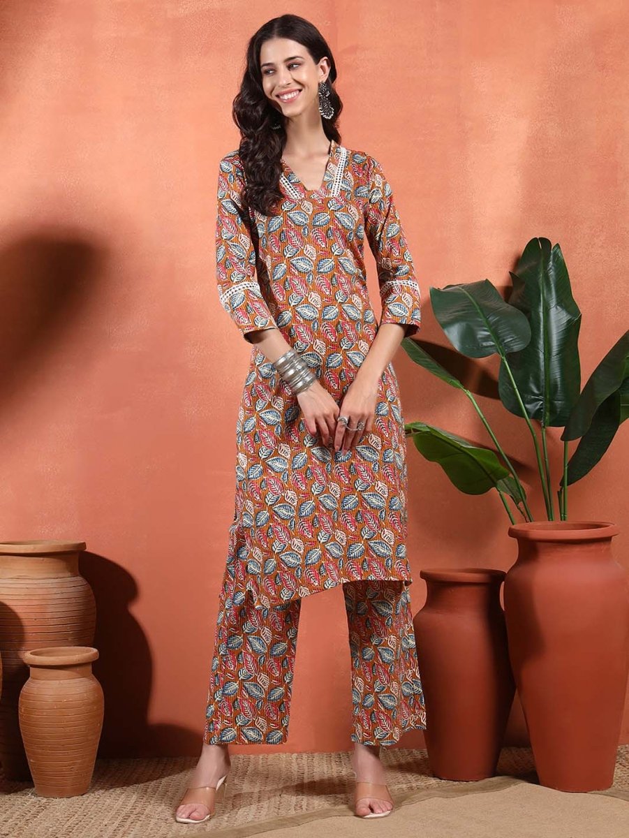 Mustard Floral V - Neck Straight Kurta Set - Mahukaa
