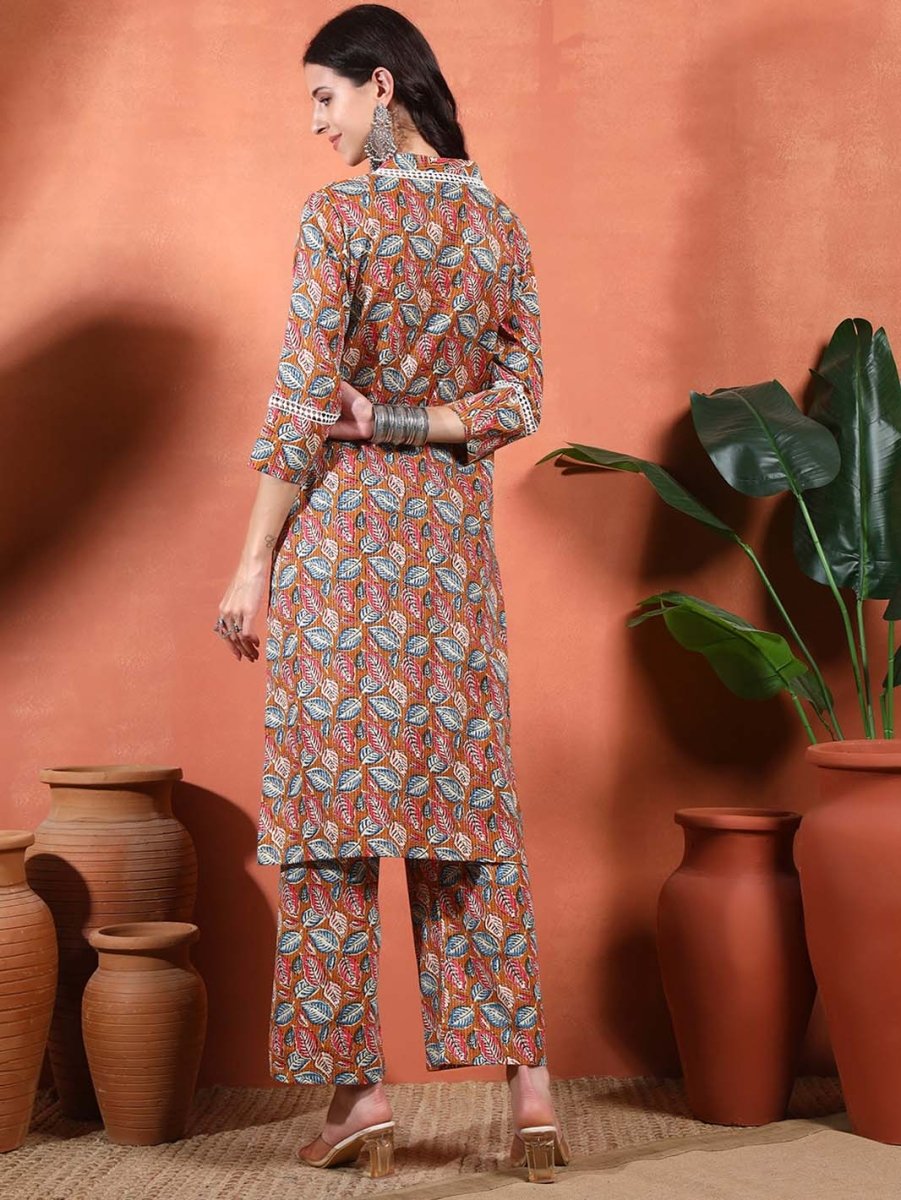 Mustard Floral V - Neck Straight Kurta Set - Mahukaa