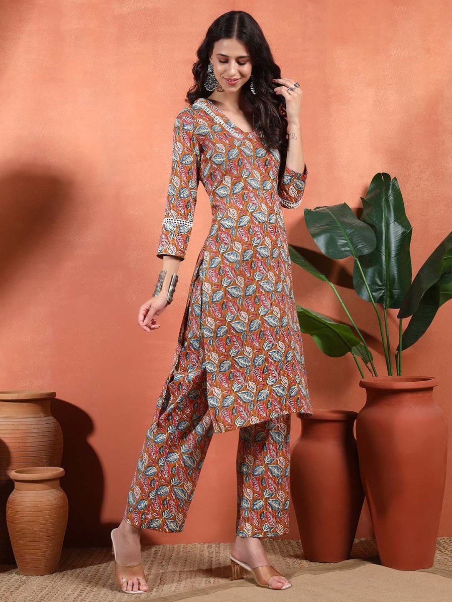 Mustard Floral V - Neck Straight Kurta Set - Mahukaa