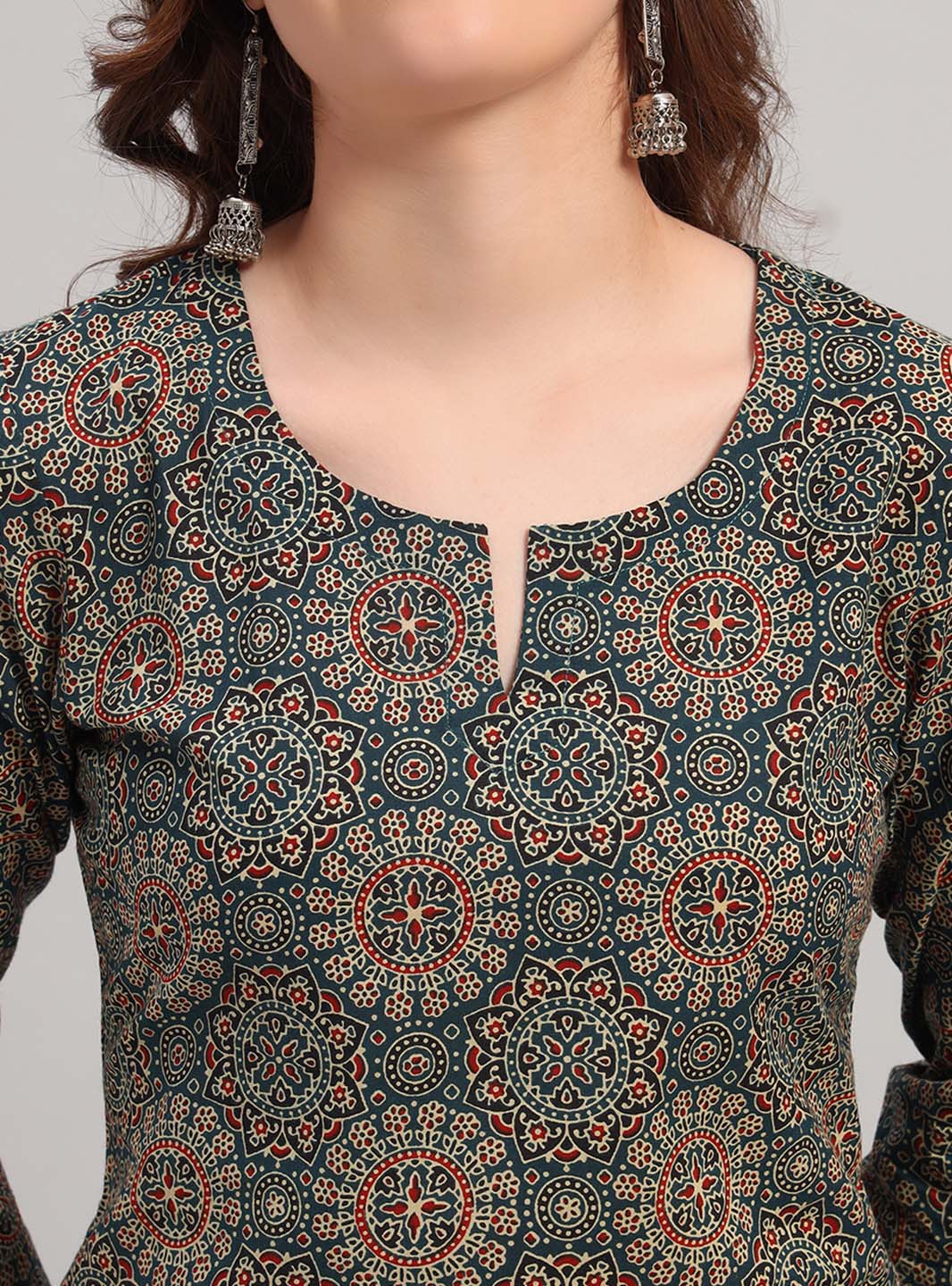 Navy Blue Ajrak Print Straight Kurta Set with Round Neck - Mahukaa