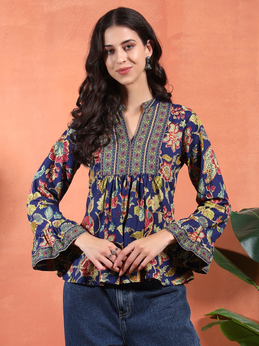 Navy Blue Flared Floral A - line Tunic with Mandarin Collar - Mahukaa