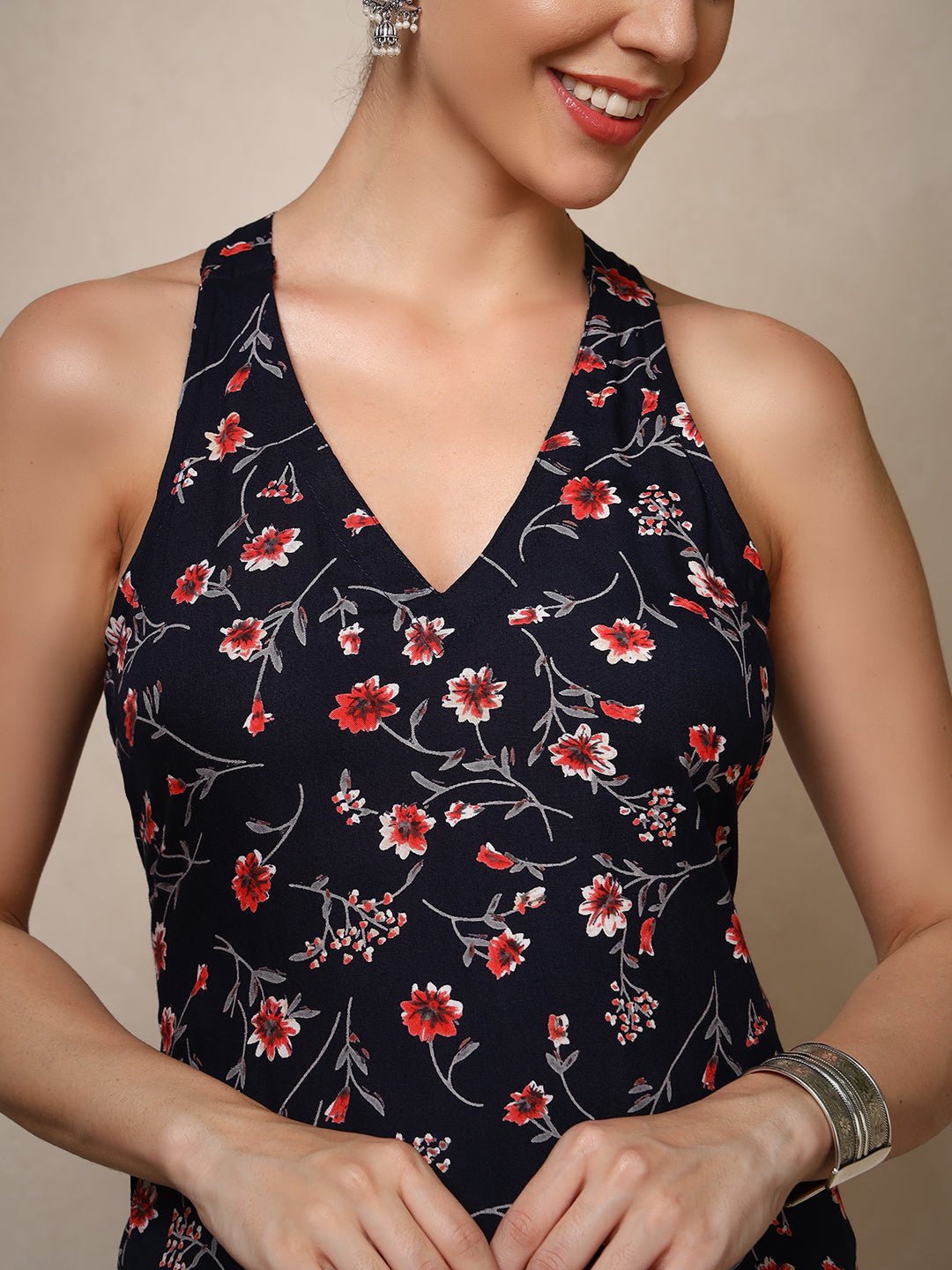 Navy Blue Floral V - Neck Halter Neck Straight Kurta with Screen Print - Mahukaa