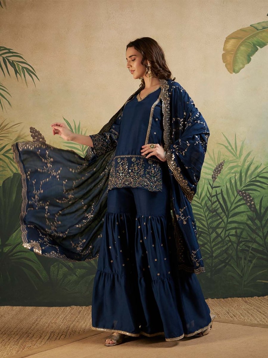 Navy Blue Sweetheart - Neck Embroidered Kurta Set with Sharara & Dupatta - Mahukaa