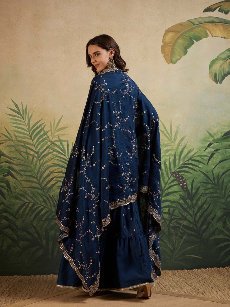 Navy Blue Sweetheart - Neck Embroidered Kurta Set with Sharara & Dupatta - Mahukaa