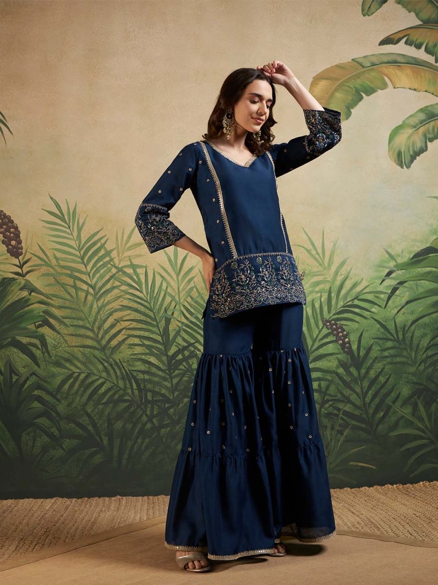 Navy Blue Sweetheart - Neck Embroidered Kurta Set with Sharara & Dupatta - Mahukaa