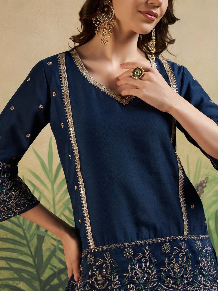 Navy Blue Sweetheart - Neck Embroidered Kurta Set with Sharara & Dupatta - Mahukaa