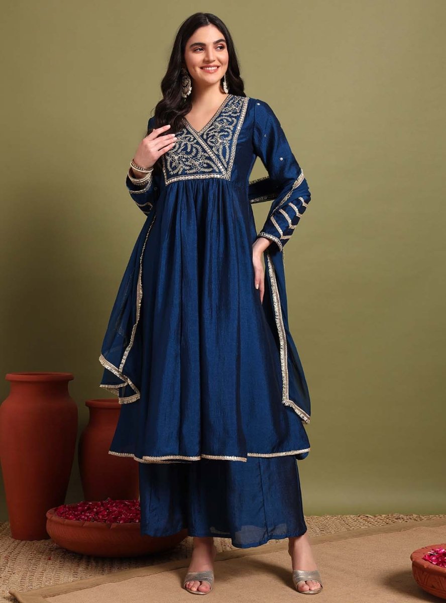 Navy Blue Yoke embroidery Anarkali with Duppatta - Mahukaa