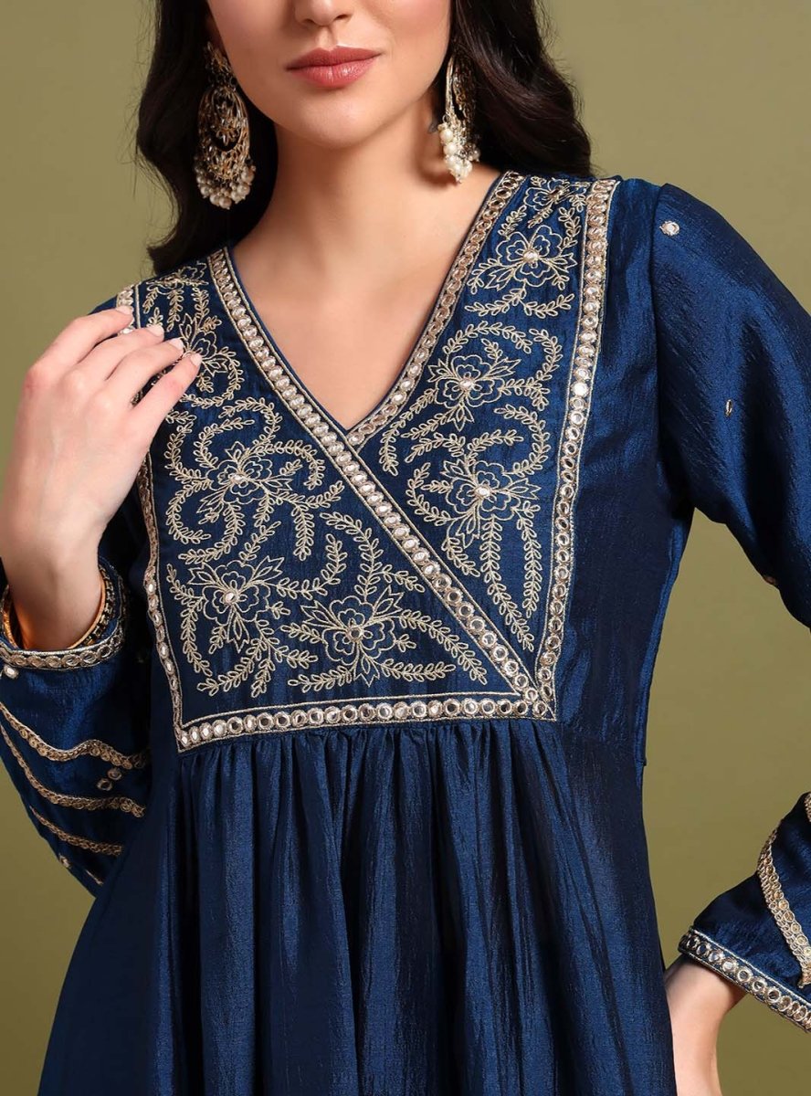 Navy Blue Yoke embroidery Anarkali with Duppatta - Mahukaa