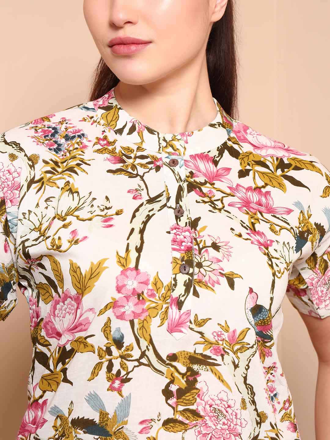 Off - White Floral Cotton Night Suit with Mandarin Collar - Mahukaa