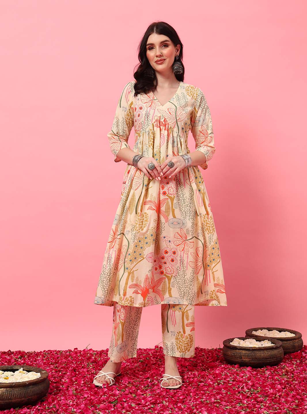 Off - White Floral Screen Print A - Line Kurta Set with Round V - Neck - Mahukaa