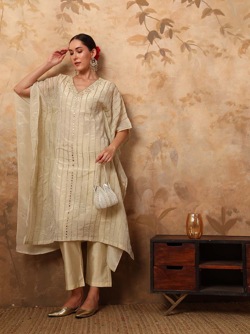 Off - White Hand Embroidered Mirror V - Neck Kaftan Set with Chanderi Pants - Mahukaa