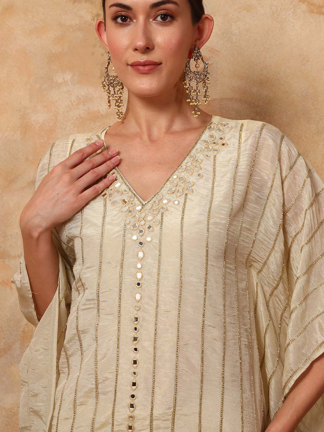 Off - White Hand Embroidered Mirror V - Neck Kaftan Set with Chanderi Pants - Mahukaa