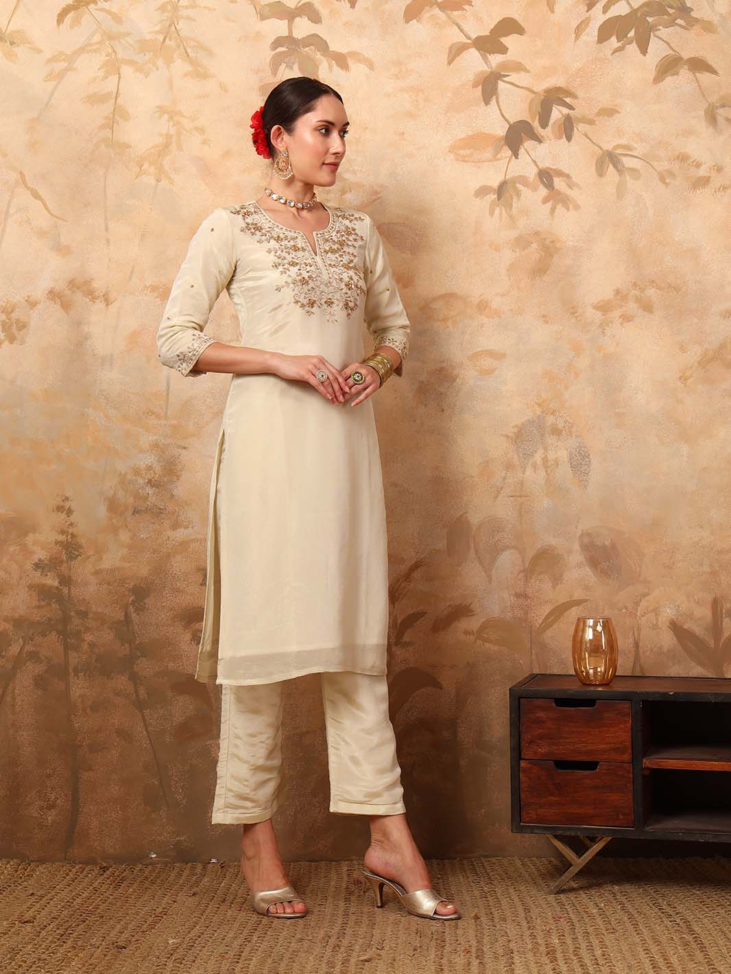 Off - White Round Neck Ari Work Hand Embroidery Tissue Silk Kurta Set - Mahukaa