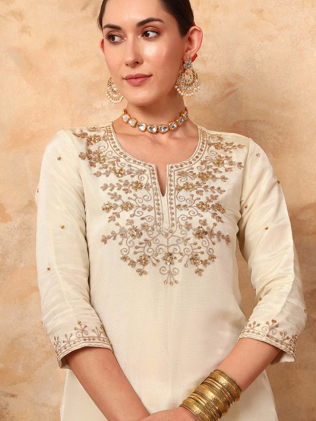 Off - White Round Neck Ari Work Hand Embroidery Tissue Silk Kurta Set - Mahukaa