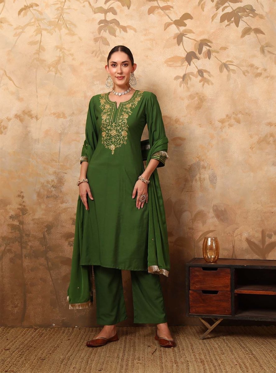 Olive Green Ari Work Hand Embroidery Silk Blend Kurta Set - Mahukaa