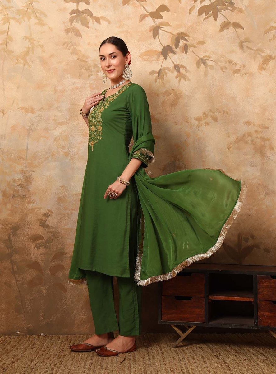 Olive Green Ari Work Hand Embroidery Silk Blend Kurta Set - Mahukaa