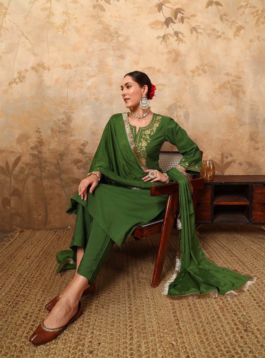 Olive Green Ari Work Hand Embroidery Silk Blend Kurta Set - Mahukaa