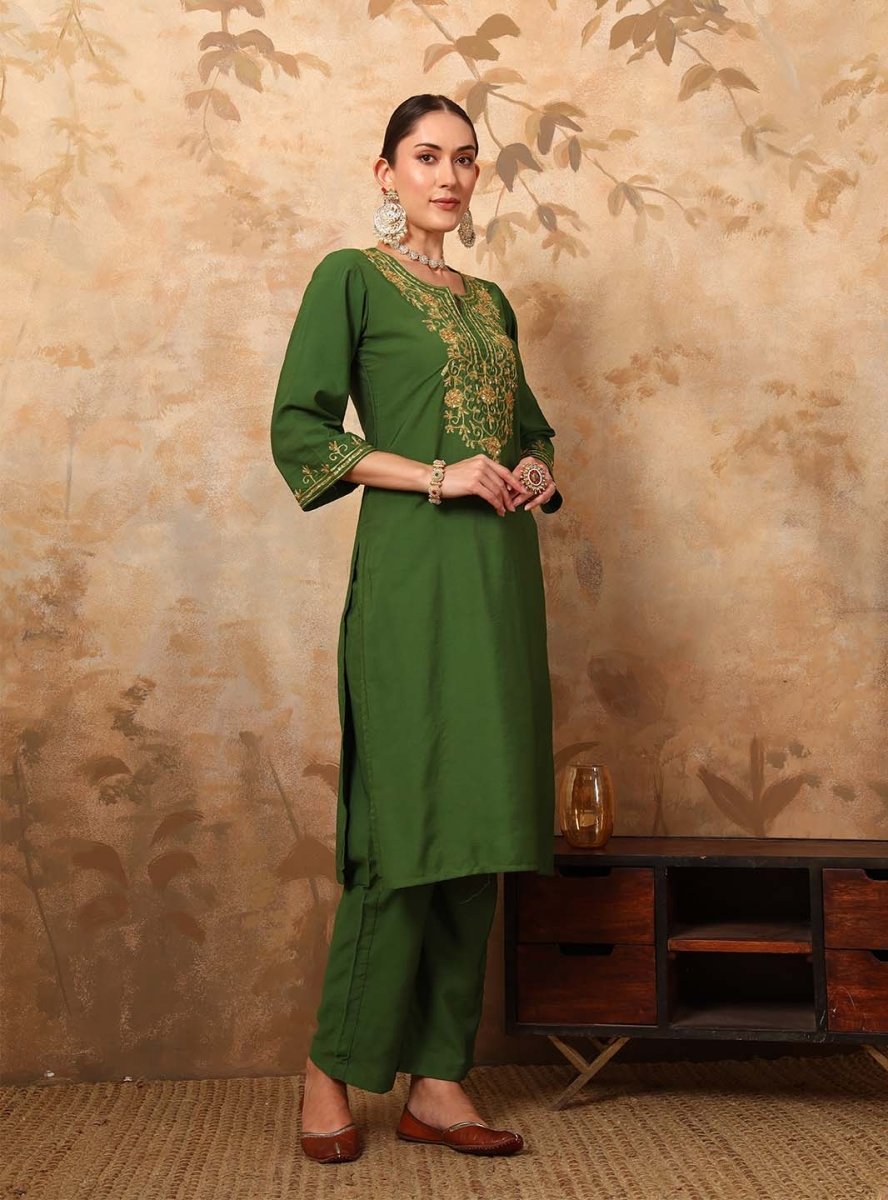 Olive Green Ari Work Hand Embroidery Silk Blend Kurta Set - Mahukaa