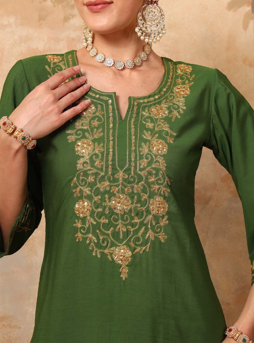 Olive Green Ari Work Hand Embroidery Silk Blend Kurta Set - Mahukaa